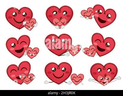 Jeu de vecteurs de caractères de la mère et de l'enfant d'emoji.Émoticone maman coeur de la forme des personnages avec enfant heureux pour le jour de mères et valentines amour caractère. Illustration de Vecteur