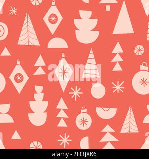 Fond de Noël moderne rouge.Motif vectoriel sans couture avec formes géométriques abstraites festives, arbres de Noël, ornements, boules.Milieu du siècle Illustration de Vecteur