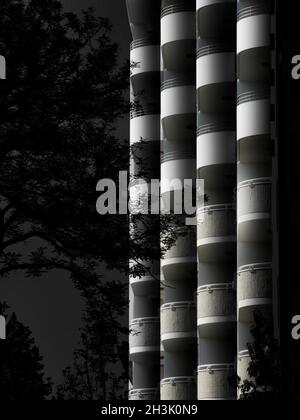 Image en noir et blanc d'un bâtiment avec de nombreux balcons Banque D'Images