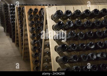 Racks with bottles of sparkling wine in the basement in a winery cellar Stock Photo