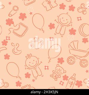 Motif sans coutures avec éléments pour bébé.Nice pour la mode de bébé, papier peint, textile, anniversaire, mariage,invitations de douche de bébé et de mariée.Illustration vectorielle Illustration de Vecteur