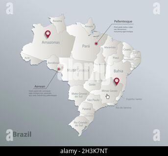 Carte du Brésil, division administrative avec noms, carte bleue blanche papier vecteur 3D Illustration de Vecteur