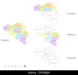 Carte de la Belgique divisée en divisions administratives, Flandre Wallonie et Bruxelles Vector Illustration de Vecteur