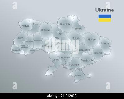 Carte et drapeau de l'Ukraine, division administrative, sépare les régions et les noms, conception carte de verre 3D vecteur Illustration de Vecteur