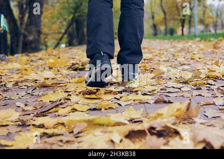 L'homme marche dans le parc d'automne.Vue de dessus de randonnée Boot sur le sentier.Jambes en gros plan en Jean et chaussures de randonnée sport en forêt. Banque D'Images