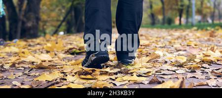 L'homme marche dans le parc d'automne.Vue de dessus de randonnée Boot sur le sentier.Jambes en gros plan en Jean et chaussures de randonnée sport en forêt. Banque D'Images