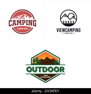 Moderne camping aventure plein air forêt de montagne emblème de conception de logo Illustration de Vecteur