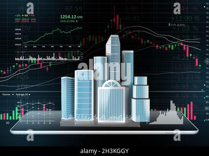 Diagrammes et diagrammes de bâtiments projetés à partir d'une tablette numérique Banque D'Images