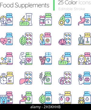 Ensemble d'icônes de couleur RVB des compléments alimentaires Illustration de Vecteur