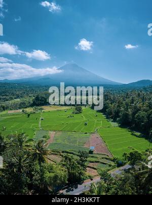 Vue aérienne sur le volcan et les magnifiques champs de paysage pendant la journée ensoleillée d'été à Bali Banque D'Images