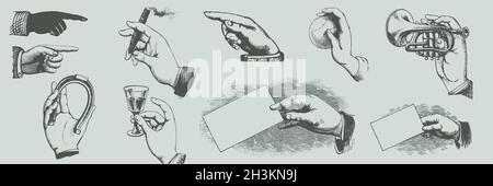 Gestes de main classiques et objets tenant la main.Vecteurs de gravure vintage Illustration de Vecteur