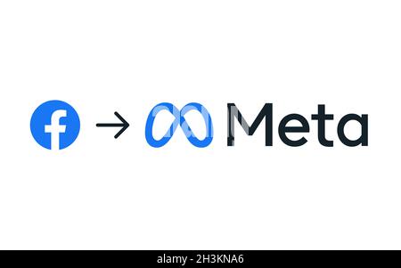 Restructurations d'entreprise Facebook et changement de nom pour Meta, logo modifié, fond blanc.Annonce de la société Facebook lors de l'édition annuelle de Facebook Connect 2021 Banque D'Images