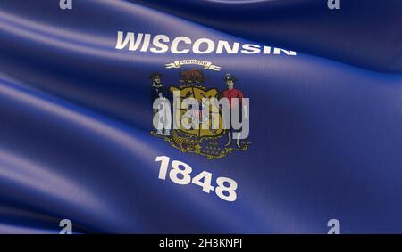 Gros plan drapeau du Wisconsin - États-Unis d'Amérique collecte de drapeaux.Illustration 3D. Banque D'Images