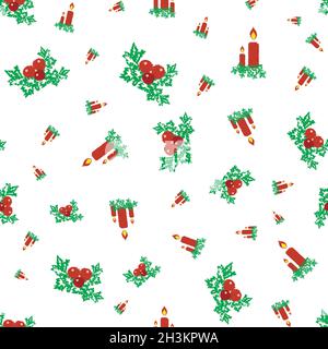Noël bougies, baies, Holly sans couture motif vectoriel.Décor festif avec motifs traditionnels dispersés dans un style de dessin griffé Illustration de Vecteur