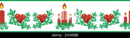 Les fêtes de Noël bougies, baies, holly sans couture frontière vectorielle.Bannière de saison avec motifs traditionnels en forme de gribouillage.Rouge, vert Illustration de Vecteur