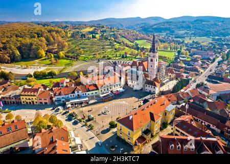 Marija Bistrica sanctuaire église et Kalvarija vue aérienne, pèlerinage région de Zagorje en Croatie Banque D'Images