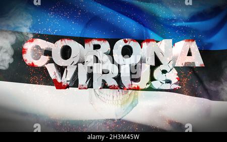 Éclosion de coronavirus et coronavirus influenza 2019-ncov sur le drapeau national ondulé de l'Estonie.Gros plan 3D très détaillé et ondulé Banque D'Images