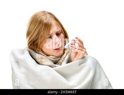 Jeune belle femme blonde malade, isolée sur blanc Banque D'Images