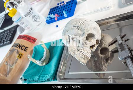 Crâne humain d'un adulte assassiné dans un laboratoire médico-légal, image conceptuelle Banque D'Images