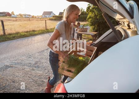 Femme âgée souriante tenant une caisse de légumes près du coffre de voiture sur le bord de la route Banque D'Images