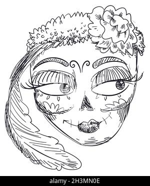 Magnifique dessin dessiné à la main d'une élégante Catrina, un crâne femelle, décoré avec des fleurs marigold, bandana, plumes et traditionnel mexicain modèle o Illustration de Vecteur