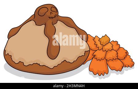 Offrandes pour les morts dans le jour mexicain des morts avec 'pain des morts' décoré avec le crâne et et la fleur de marigot. Illustration de Vecteur