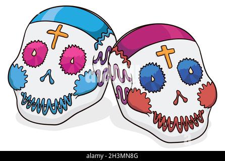 Paire de crânes de sucre pour la fête du jour des morts, avec des motifs et des croix mexicains traditionnels. Illustration de Vecteur