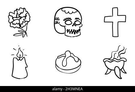 Décoration commémorative avec des gribouillages pour le mexicain « Dia de Muertos » (jour des morts) : fleur de marigold ou de cempasuchil, crâne de sucre, croix, bougie, « pan de mue » Illustration de Vecteur