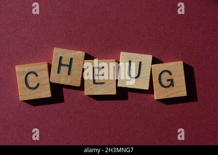 Cheug, mot en lettres de l'alphabet de bois, popularisé par la génération Z, pour décrire une personne avec des tendances de style de vie associées à la génération du millénaire, l'opp Banque D'Images