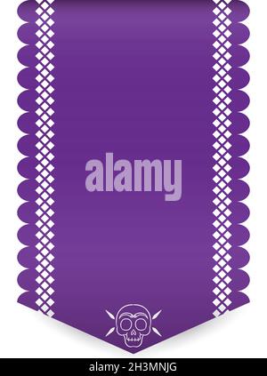 Papier perforé violet et vertical - ou 'papel picado' - avec crâne pour célébrer le jour des morts (en espagnol: 'Dia de Muertos'). Illustration de Vecteur