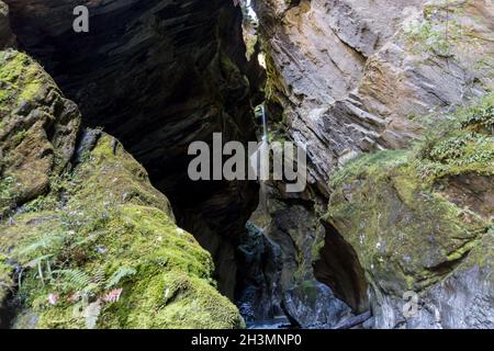 Gorge Étroite Avec Cascade, Wilson Creek, Haast Pass, Côte Ouest, Île Du Sud, Nouvelle-Zélande Banque D'Images