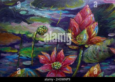 Art peinture huile couleur lotus fleur fond de thaïlande , campagne , eau Lilly Banque D'Images