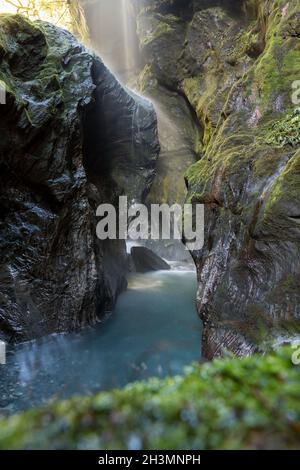 Gorge Étroite Avec Cascade, Wilson Creek, Haast Pass, Côte Ouest, Île Du Sud, Nouvelle-Zélande Banque D'Images