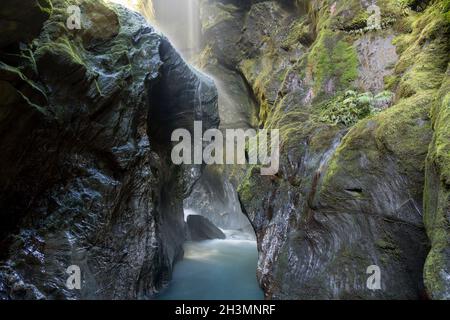 Gorge Étroite Avec Cascade, Wilson Creek, Haast Pass, Côte Ouest, Île Du Sud, Nouvelle-Zélande Banque D'Images