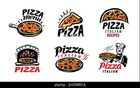 Ensemble d'étiquettes de pizzeria, de badges et d'éléments de design pour le menu du restaurant ou du café Illustration de Vecteur