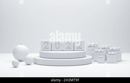 3D.2022 podiums blancs, ballons de Noël et boîtes-cadeaux pour le spectacle de produits au festival de noël sur fond blanc. Banque D'Images