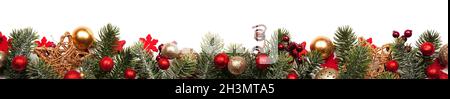 Longue bordure de Noël bannière d'ornements et de branches rouges et dorés isolés sur un fond blanc Banque D'Images