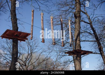 Attraction pour enfants en forêt.Pont de suspension en bois entre les arbres, bâtons attachés sur l'arbre pour le signal Banque D'Images