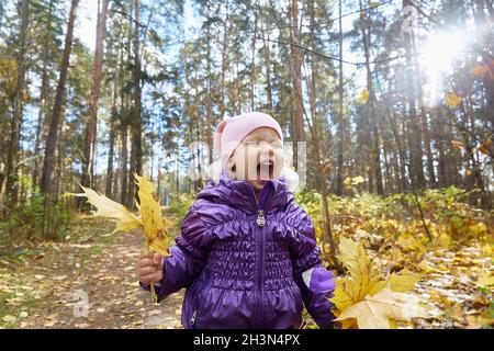 une fille rira avec colère dans un parc d'automne avec des feuilles entre ses mains. Banque D'Images