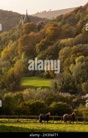 Cardiff, pays de Galles, Royaume-Uni.29 octobre 2021.Deux chevaux sont photographiés dans un champ proche de Castell Coch à Cardiff, tandis que la forêt présente des couleurs automnales pendant un temps instable.Crédit : Mark Hawkins/Alay Live News Banque D'Images