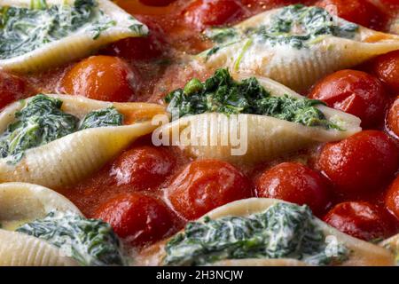 Pâtes italiennes conchiglino remplies d'épinards Banque D'Images