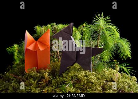 Le loup et le renard à papier origami sur l'île de la mousse verte isolés sur fond noir Banque D'Images