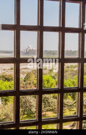 Taj Mahal vu d'une fenêtre de fort Agra, État de l'Uttar Pradesh, Inde Banque D'Images