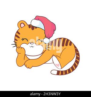 Joli tigre vectoriel - père noël avec un chapeau rouge. Bonne Année. Illustration de Vecteur