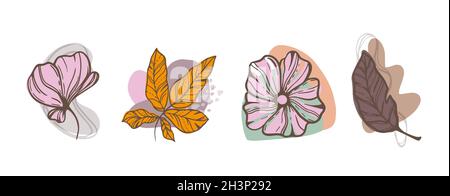 Ensemble d'éléments décoratifs floraux et de formes abstraites dans un style tendance minimaliste. Illustration de Vecteur