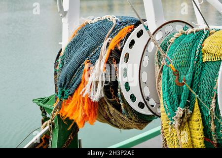 Filets de pêche sur le bateau à poissons Banque D'Images