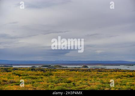 Myvatn, Islande : un lac peu profond situé dans une zone de volcanisme actif au nord de l'Islande, près du volcan Krafla. Banque D'Images