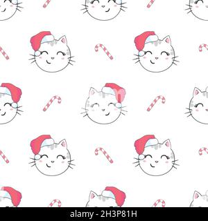 Motif de Noël sans couture avec l'image de petits chatons mignons dans le chapeau du Père Noël. Illustration de Vecteur