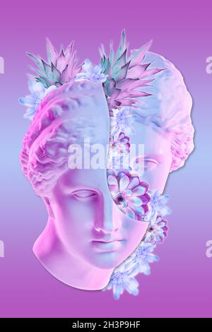Collage avec sculpture antique en plâtre du visage de femme et des fleurs dans un style pop art.Image de concept moderne et créative avec l'ancienne Banque D'Images