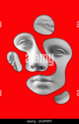 Collage surréaliste avec sculpture antique de visage de femme dans un style pop art.Concept moderne et créatif avec tête de statue ancienne Banque D'Images